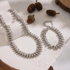 Handcrafted silver bullet chain necklace and bracelet set in stainless steel for women