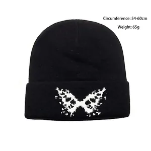 Black butterfly patterned knitted beanie with 54-60cm head circumference for winter warm