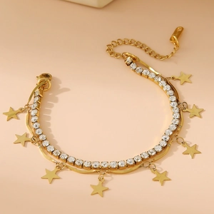 Double-layer gold bracelet with crystal tennis chain and hanging star charms for women