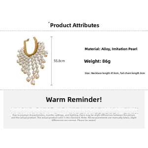 Detailed view of pearl fringe necklace with gold alloy chain and size measurements