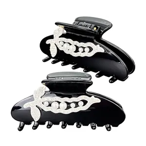 Elegant Black Acetate Hair Claw Clip Unique Peapod Design Faux Artificial Pearl Rhinestone Shark Clip Hair Accessory For Women Jewelry