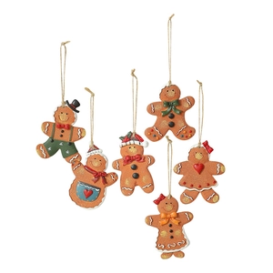 Set of 6 vintage American style resin gingerbread man Christmas ornaments with hanging ropes
