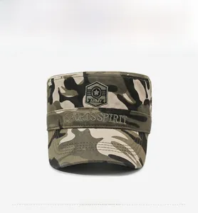 Detail of army cadet cap featuring sports embroidery and jungle camouflage pattern