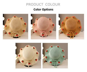 Detail of five assorted straw hats for girls featuring cherry accents and bow ties