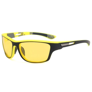Detail view of square frame sports sunglasses with black and yellow frames and yellow lenses