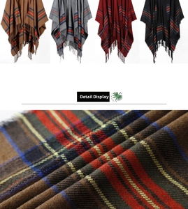 Detailed view of striped knit shawl featuring thick tassels and a classic multicolor check pattern
