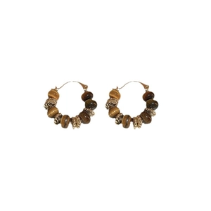 Vintage gold hoop earrings with tiger eye beads and pearls for women