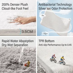 Absorbent white bath mat with 3.5cm high pile, silver ion antibacterial TPR non-slip base