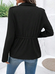 Back view of a black women's jacket showing long sleeves and elastic drawstring waist detail