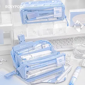 Light blue large capacity pencil case with multi-layer structure and clear PVC window