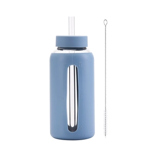 Blue silicone sleeve glass water bottle with drinking straw and metal cleaning brush