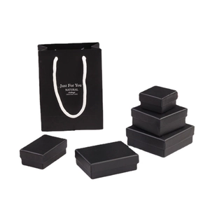 Linen texture black jewelry gift box set with matching paper bag and gold logo print