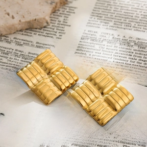 18K gold-plated stainless steel geometric square earrings with woven texture on vintage book