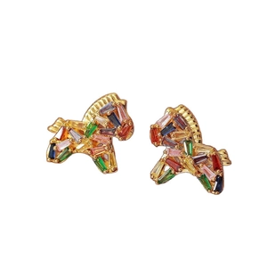 Luxurious gold-plated horse earrings with multi-color zircons and rectangle cut stones