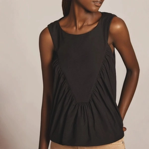 Women's casual black sleeveless round neck top with stylish front pleat details