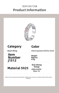 Detail view of adjustable S925 silver ring with pink heart gems and zircon stones