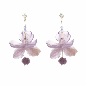 Elegant purple resin flower drop earrings with gold finish and rhinestone studs