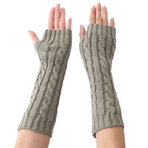 Light greyish-green cable knit arm warmers and fingerless gloves for autumn and winter
