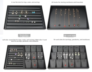 Detail view of black PU jewelry tray inserts for rings, necklaces and earrings display
