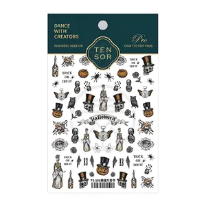 Sketch style Halloween nail stickers with skulls and pumpkins on TS-186 packaging sheet