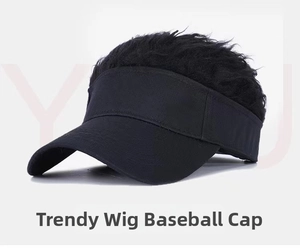 Detail view of a black baseball cap with attached curly synthetic wig hair on top