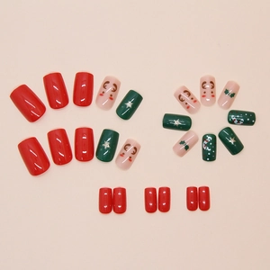 Christmas square press-on nails featuring red and green elk stars and snowflake patterns