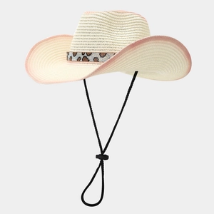 Women's straw cowboy hat with leopard print band and pink gradient brim for beach sun protection
