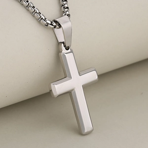 Polished silver stainless steel cross pendant necklace with box chain for men and women