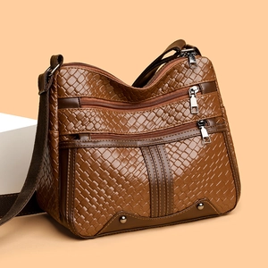 Brown woven texture PU leather crossbody bag with multiple zippers and adjustable strap