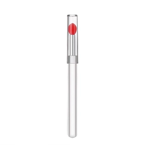 Detail of round silicone lip brush with red head, clear handle, and protective cap