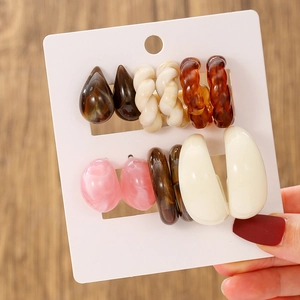 Set of 5 minimalist resin hoop earrings in assorted marble and amber acrylic colors