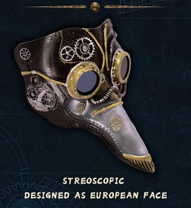 Steampunk plague doctor mask detail showing golden gears and silver beak texture