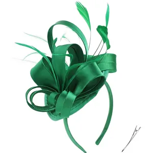 Elegant dark green satin fascinator hat with feathers and hair clip for formal events