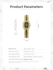 Detailed technical specification chart for the diamond women's quartz fashion wristwatch