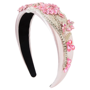 Cerchietto di lusso con fiori di cristallo rosa e strass su raso rosa chiaro