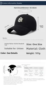 Detailed size chart for the embroidered baseball cap including brim and depth info