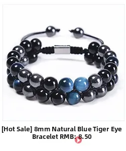 Macro detail of 8mm natural blue tiger eye beads on double-layer woven cord bracelet