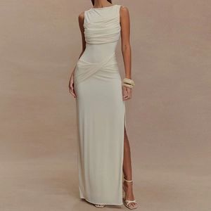 Elegant Sleeveless Backless Maxi Dress For Women Pleated Ruched High Slit Bodycon Evening Party Gown Milk Satin