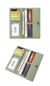 Détail du portefeuille RFID vert clair montrant les fentes pour cartes et la fenêtre ID