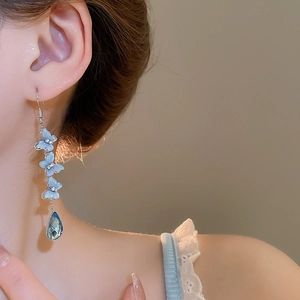 Detail of blue butterfly tassel earrings with teardrop crystal worn by a model