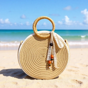 Round Straw Handbag Woven Cotton Rope Tote Beach Holiday Bag With Lace Ribbon And Wood Beads For Women Boho Style