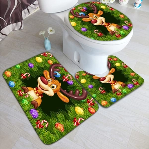Christmas reindeer bathroom mat set with green pine needle and festive decor