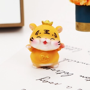 Cute resin tiger car ornament with gold ingot headwear and wealth symbol on the belly