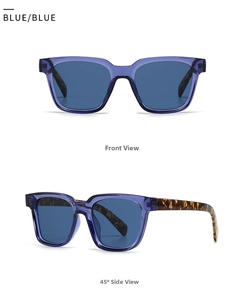 Deep blue square frame sunglasses with tortoiseshell temples in front and side views