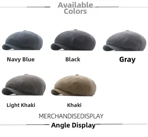 Classic cotton newsboy caps shown in navy blue, black, gray, light khaki and khaki colors