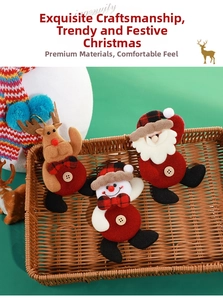 Detailed plush Christmas ornaments featuring Santa, snowman, and reindeer in a rustic tray