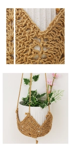Close-up of hand-woven jute plant hanger showing detailed macro texture and macrame knots