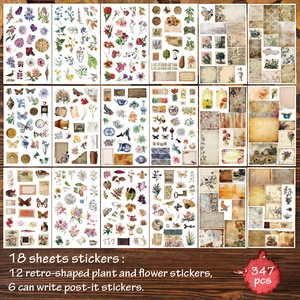 Detailed view of 18 sheets of vintage flower and plant stickers for scrapbooking.