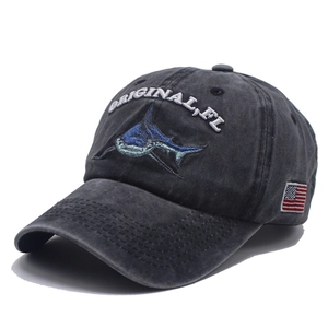 Vintage washed dark grey cotton baseball cap with shark embroidery and US flag detail