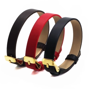 Minimalist 10mm wide leather strap bracelets in black red and blue with gold metal buckles